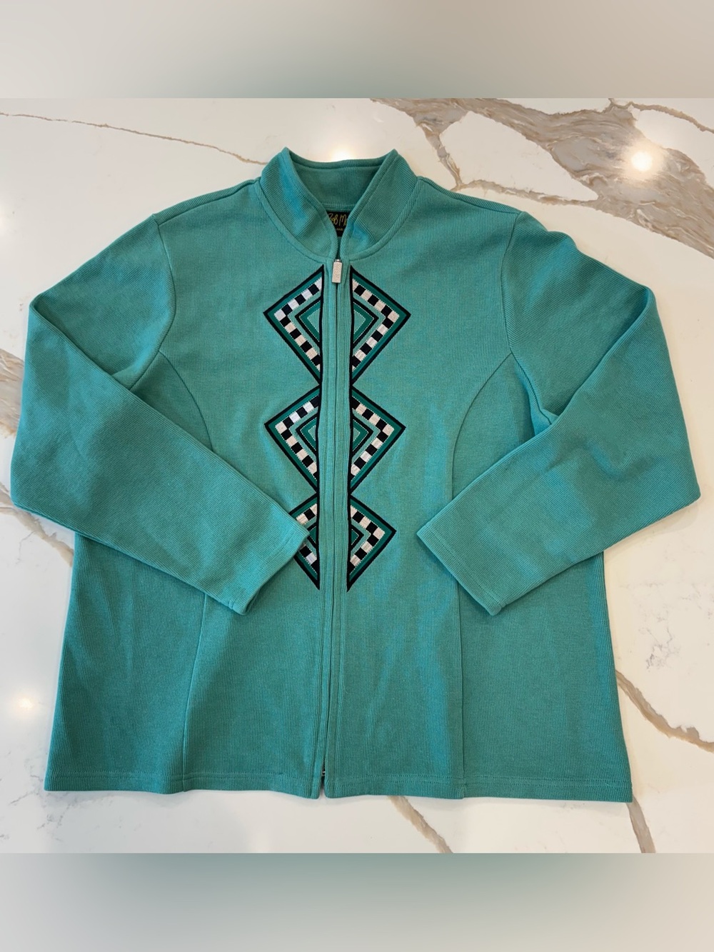 Bob Mackie Wearable Art Teal Checkered Embroidered Zip Jacket 1X Plus - Picture 1 of 7